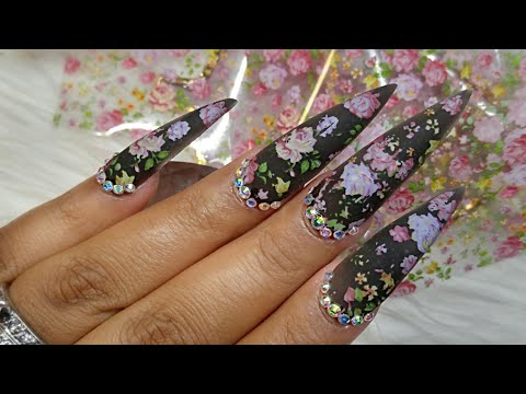 Translucent Black Nails with Floral Foil🌸(english)