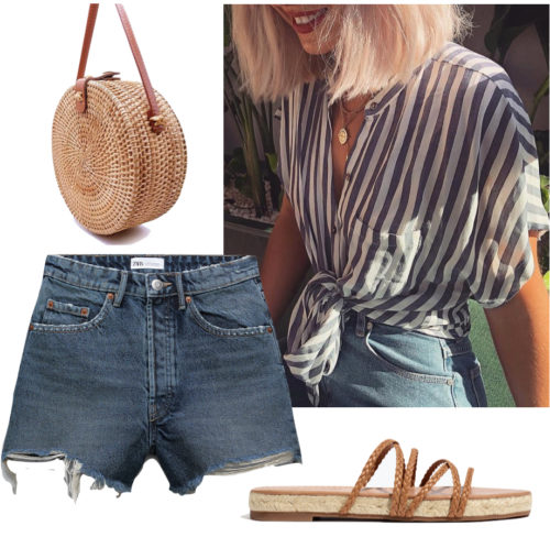 Casual outfit with shorts: Ripped denim shorts, striped button-down shirt, sandals, woven bag