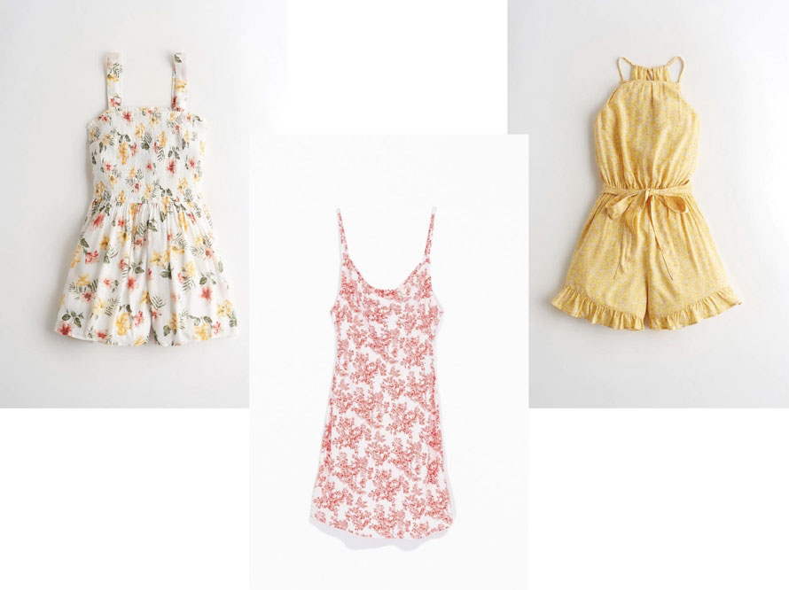 A yellow dress, a pink floral dress, and a white floral dress