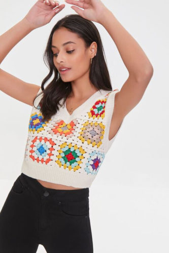 70s style clothing: Crochet Sweater Vest crop top