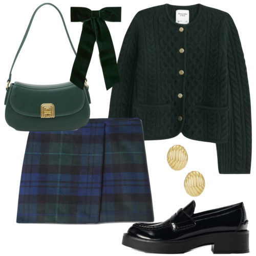 Dressy holiday outfit with a plaid skirt and green cable knit sweater