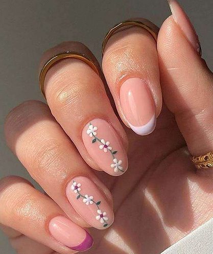 Peach Floral Nail Design - nail art, flower nail design