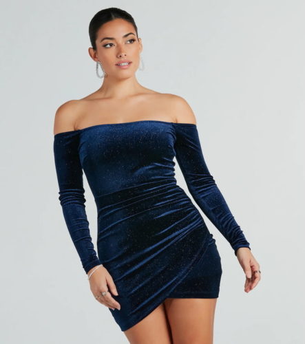 windsor navy glitter velvet ots mini dress