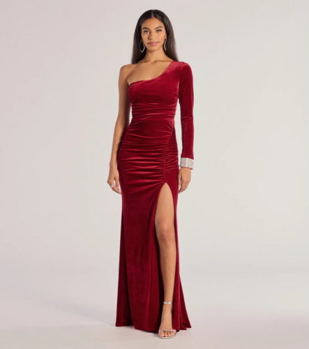 Windsor red velvet one sleeve gown