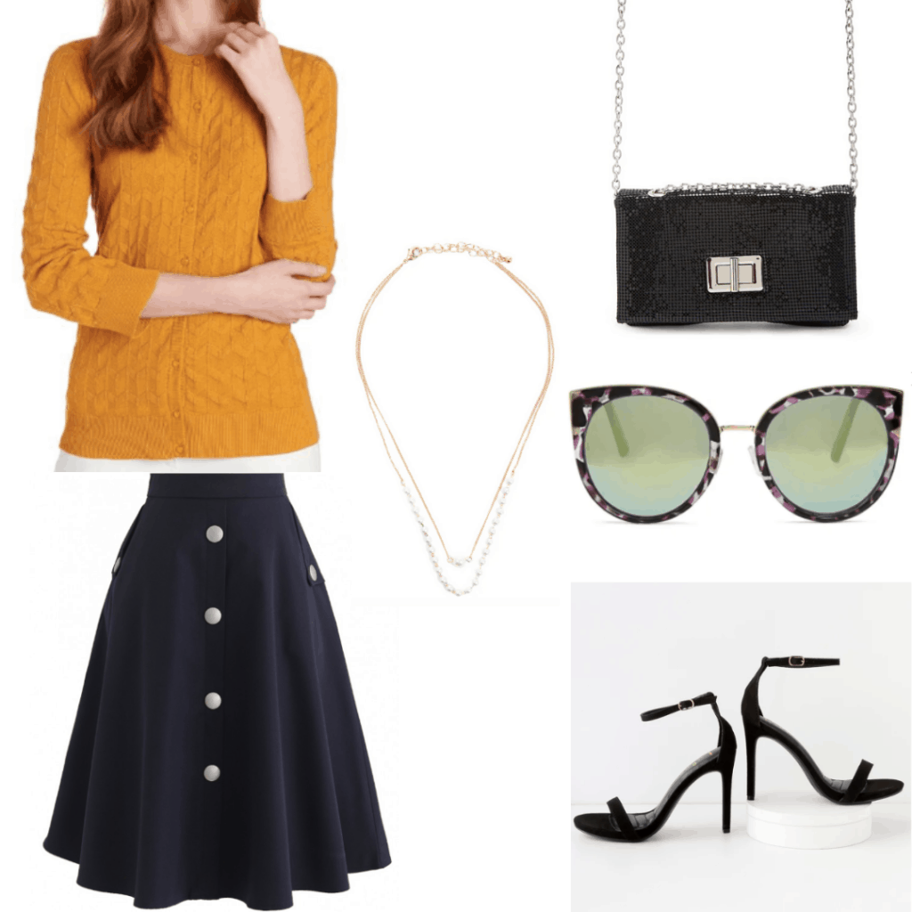 1950s fashion - outfit inspired by 50s style with long skirt, strappy heels, cat eye sunglasses, cable knit sweater, chain strap bag