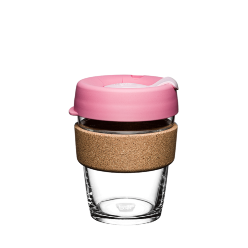 Reusable glass and cork coffee cup with pink spillproof lid