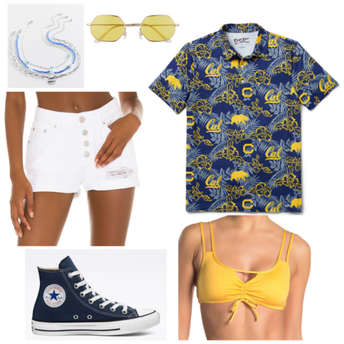 Cute college football game outfit: White shorts, yellow bikini top, hawaiian shirt with school colors, sunglasses, layered jewelry, converse