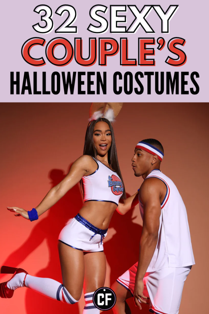 Header graphic that reads 32 Sexy Couples Halloween Costumes with a photo of a couple dressed like Michael Jordan and Lola Bunny from Space Jam