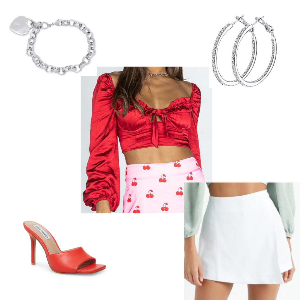 Cute date night outfit #4 with white wrap skirt, red slide heels, red satin crop top, chunky bracelet, embellished hoop earrings