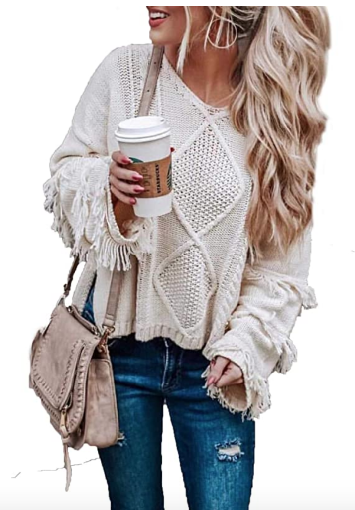 boho outfit ideas - Slouchy fringed knit sweater in beige