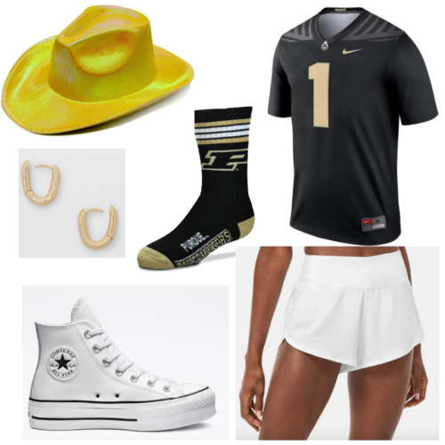 College game day outfit idea: Sports jersey, cowboy hat, white shorts, Converse sneakers, team socks, gold earrings