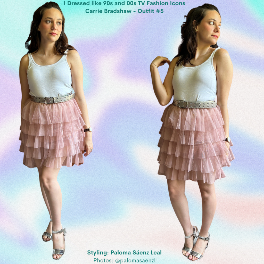 Carrie Bradshaw inspired outfit from Sex and the City with ballet skirt and white tank