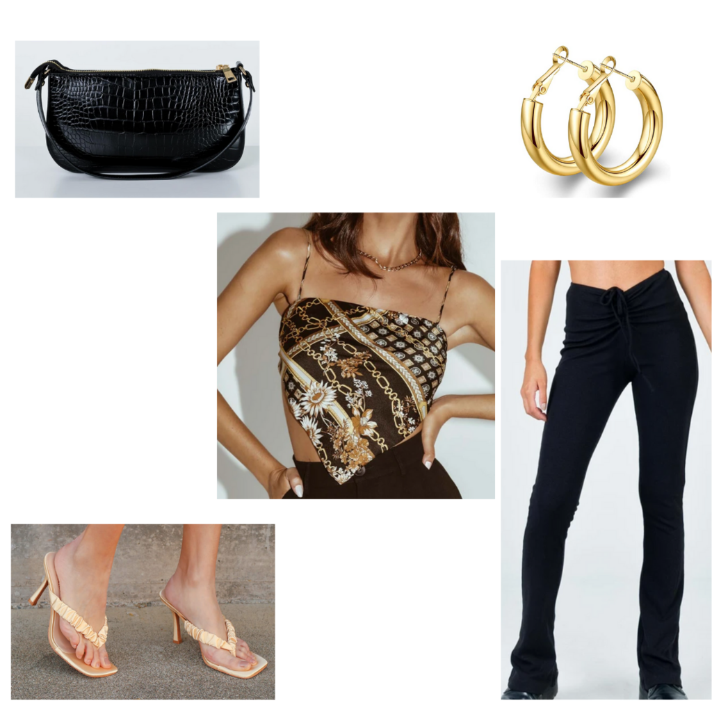 Leggings outfit #4: How to wear flared leggings -- night outfit with kitten heels, bandana top, black flared leggings, mini purse, huggie hoops