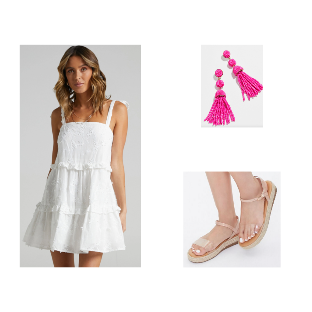 Sorority Rush Outfit for Open House Round - white dress with ties, sandals with clear strap, pink beaded earrings