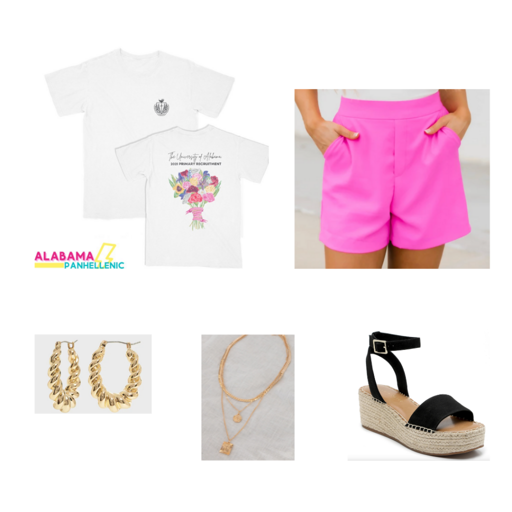 Sorority Rush Outfit for Philanthropy Round - hot pink shorts, gold earrings and necklaces, espadrille wedges with black straps