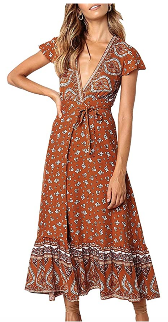 boho outfit ideas - Brown printed wrap style midi dress from Amazon