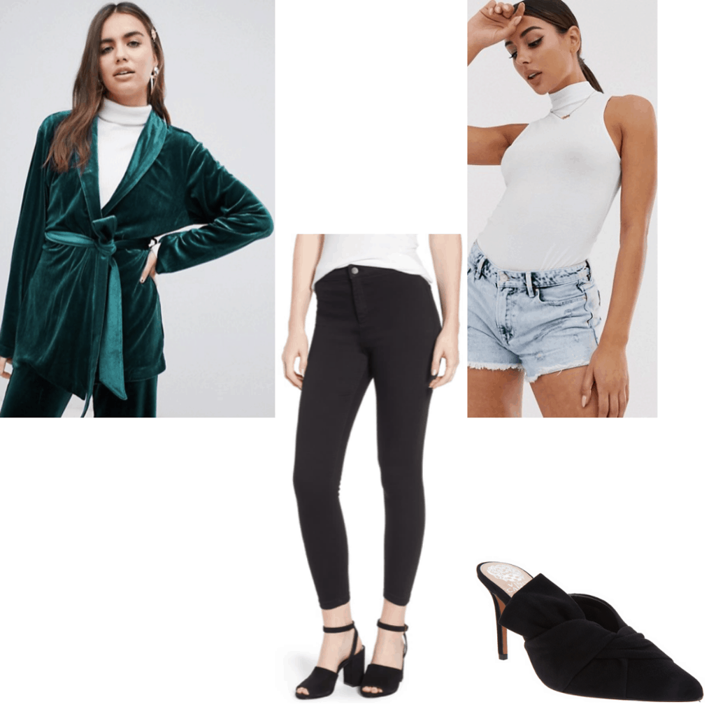 How to wear velvet: Outfit set with green velvet blazer, white turtle neck body suit, black jeans and black heels, velvet jacket, velvet trend, tailored blazer.